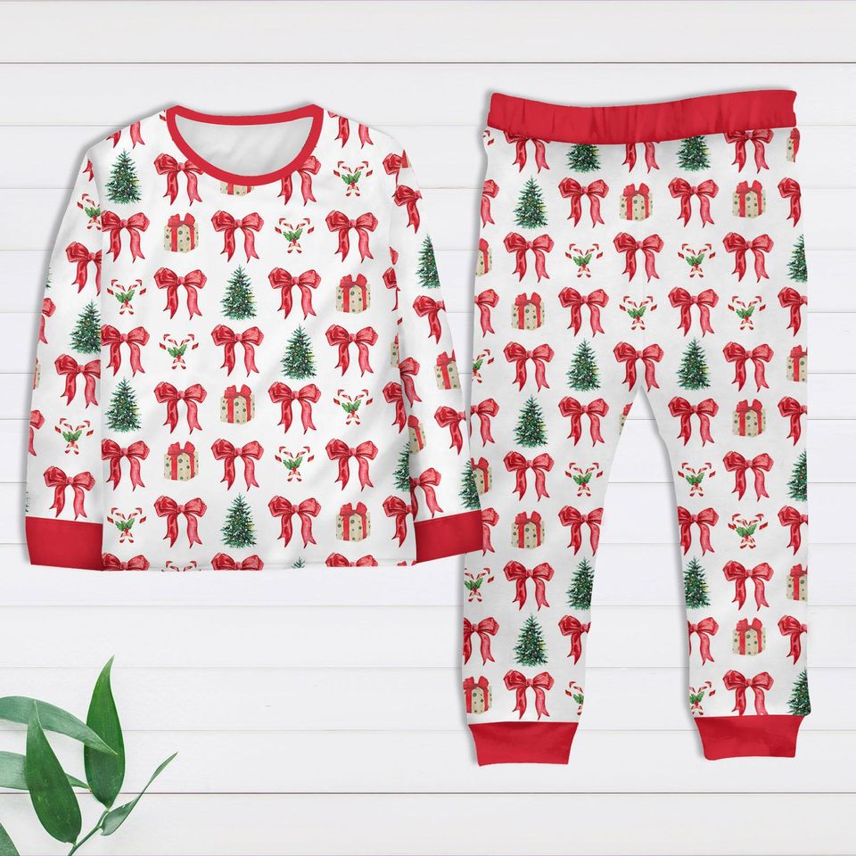 Christmas 2025 Family Pajamas Set, Red Bow Matching Costume PJs for Christmas Party, Santa Pine Tree Shirt, Fun Xmas Pattern Loungewear