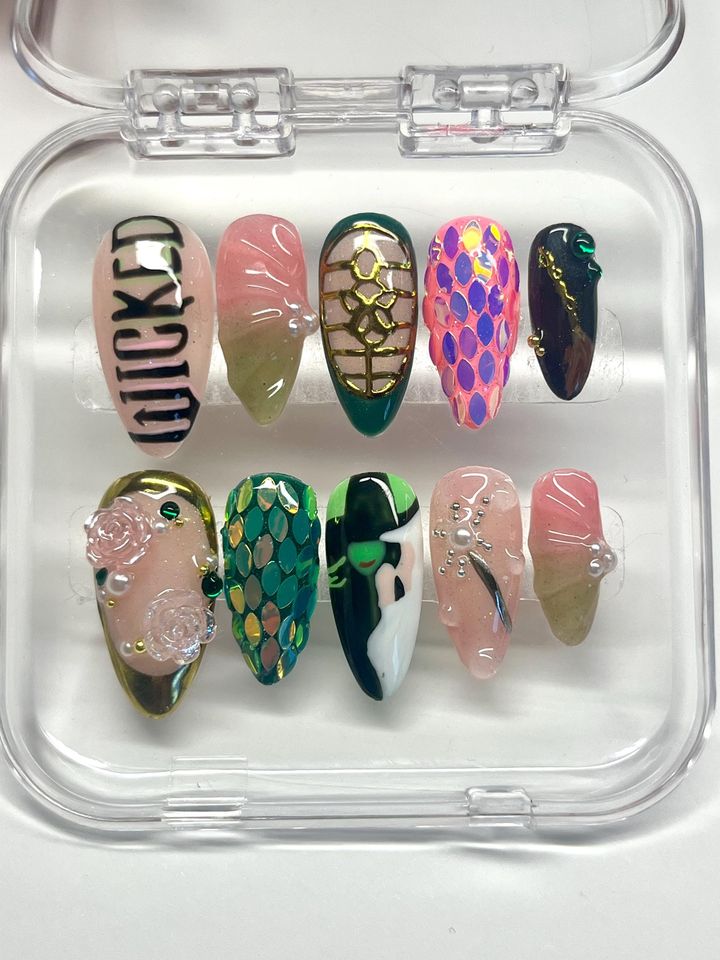 Wicked Inspired Press-On Nails: Glinda & Elphaba, Sparkle Charms - Wicked Merch - Mother's Day Gift