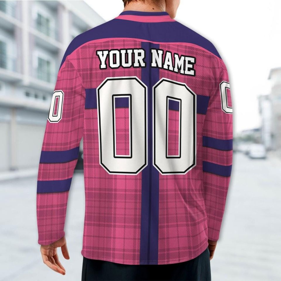 Custom Christmas Holiday Special Gift Box Pink Hockey Jersey, Chrismas Bow Jersey Shirt, Pink & Navy Outfit Sport long Slevees Gift