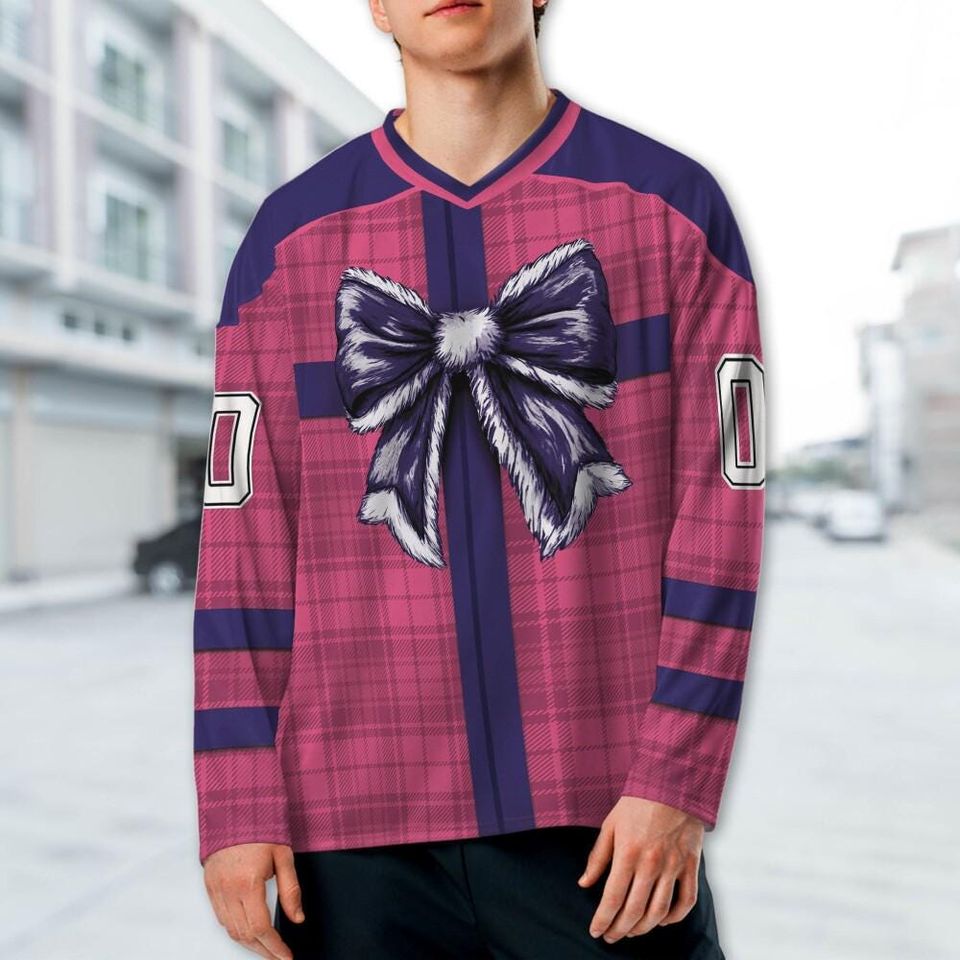 Custom Christmas Holiday Special Gift Box Pink Hockey Jersey, Chrismas Bow Jersey Shirt, Pink & Navy Outfit Sport long Slevees Gift