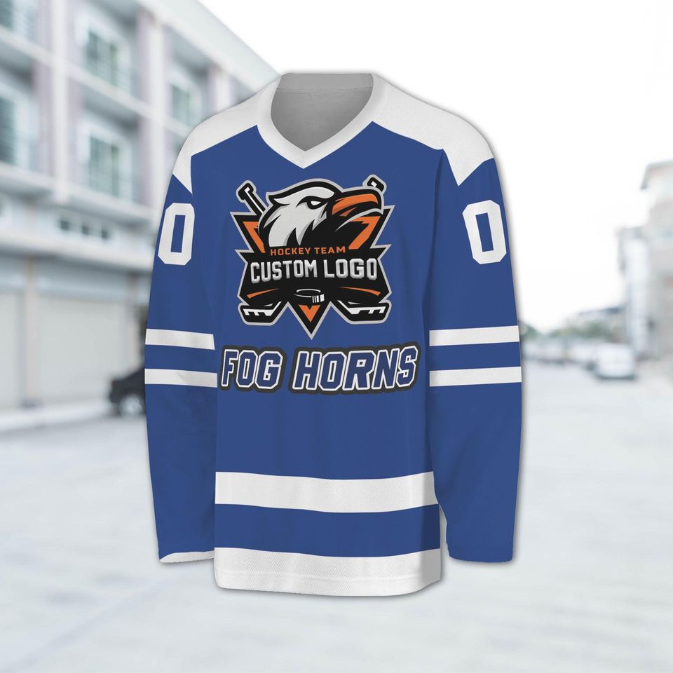 Customized name and logo vintage fog horns blue basic hockey jersey, fog horns hockey custom name Logo, Cartoon jersey gift
