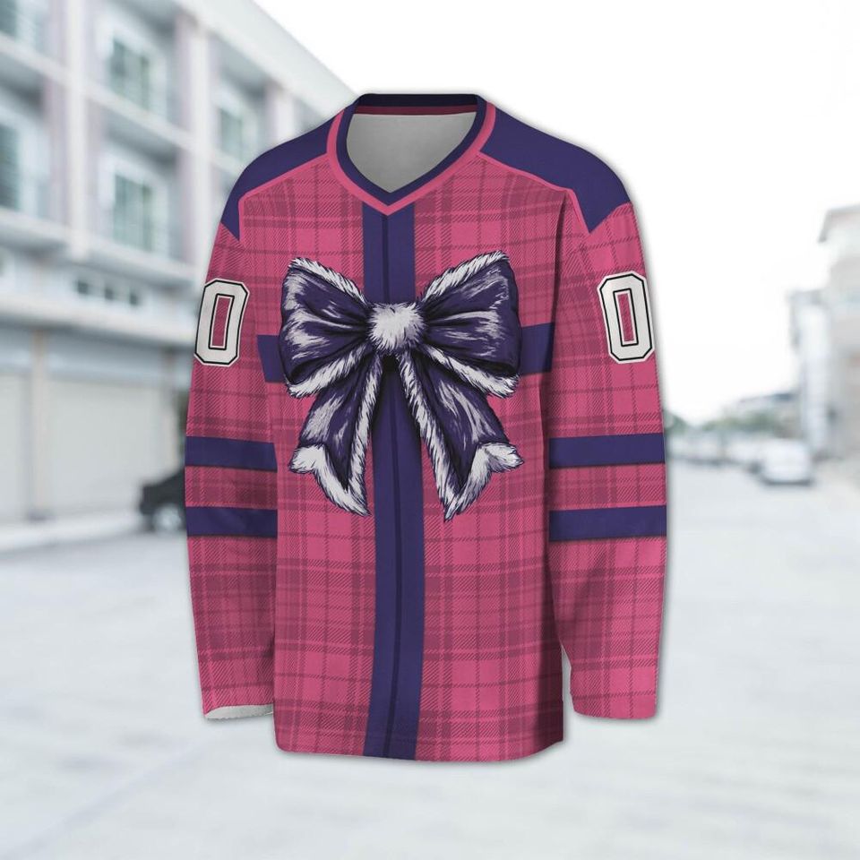 Custom Christmas Holiday Special Gift Box Pink Hockey Jersey, Chrismas Bow Jersey Shirt, Pink & Navy Outfit Sport long Slevees Gift