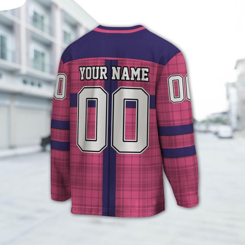 Custom Christmas Holiday Special Gift Box Pink Hockey Jersey, Chrismas Bow Jersey Shirt, Pink & Navy Outfit Sport long Slevees Gift