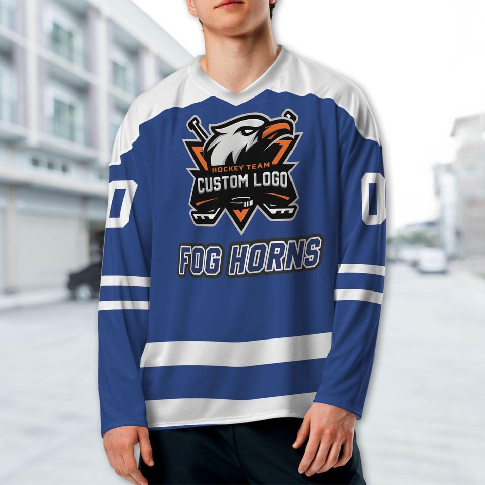Customized name and logo vintage fog horns blue basic hockey jersey, fog horns hockey custom name Logo, Cartoon jersey gift