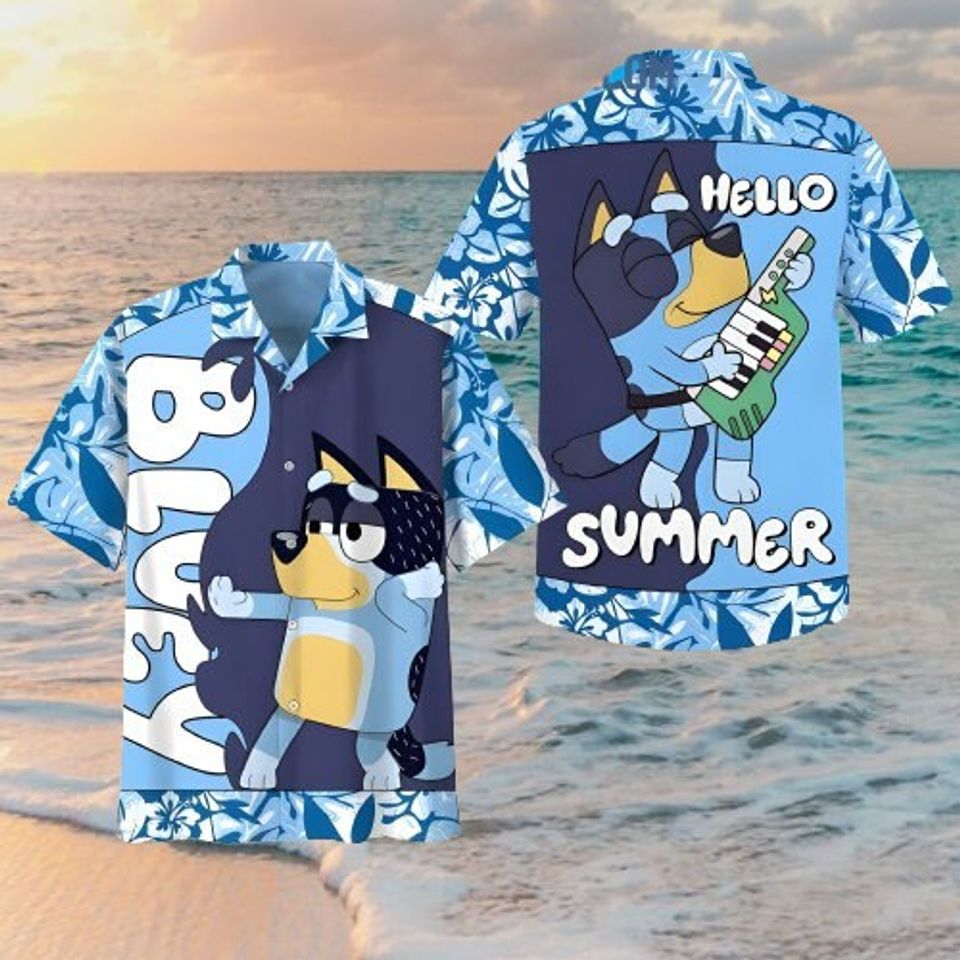 BlueyDad Hello Summer Hawaiian Shirts, Hawaiian Style, Hawaiian Shirt, BlueyDad Dad Family Hawaiians