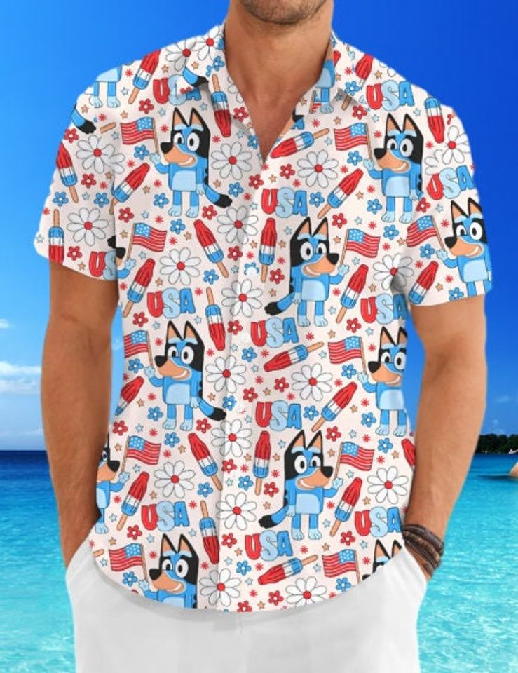 BlueyDad USA Hawaiian Shirt, BlueyDad Shirt, BlueyDad Bingo, Gift For Dad, Father's Day, Men Short Sleeve Regular Fit, Summer Button Up Shirt