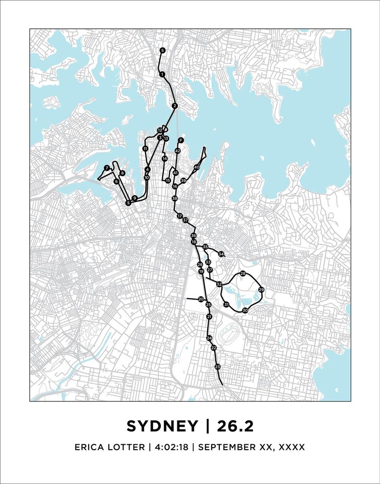 Sydney 26.2 Marathoner Course Map | Personalized Sydney Route Map | Gift for Runners | 26.2 Map