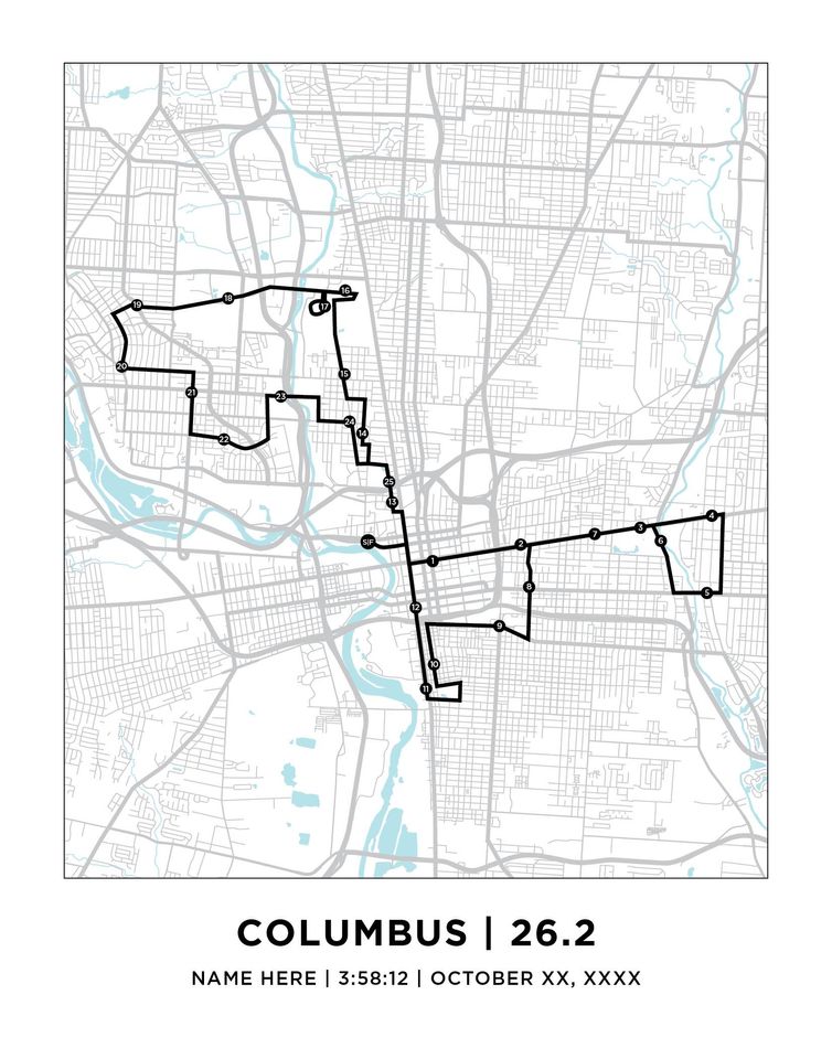 Columbus 26.2 Course Map | Personalized Columbus Map | Gift for Runners | 26.2 Map | Columbus Map | Columbus Print
