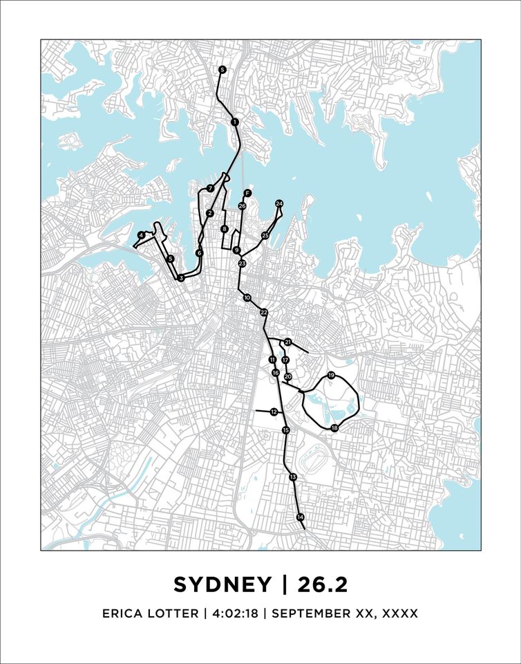 Sydney 26.2 Marathoner Course Map | Personalized Sydney Route Map | Gift for Runners | 26.2 Map