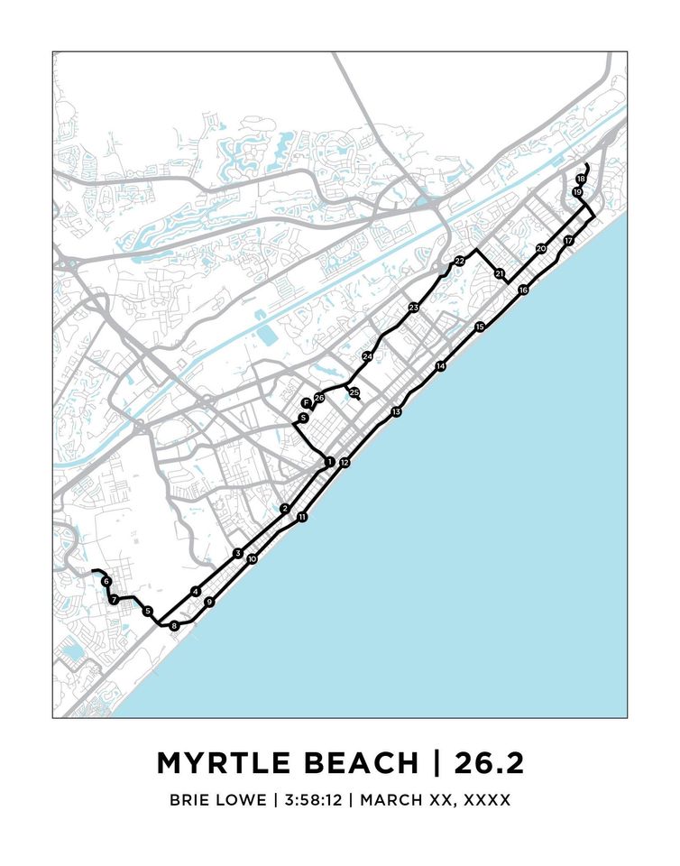 Myrtle Beach 26.2 Course Marathoner Map | Personalized Myrtle Beach Route Map | Gift for Runners