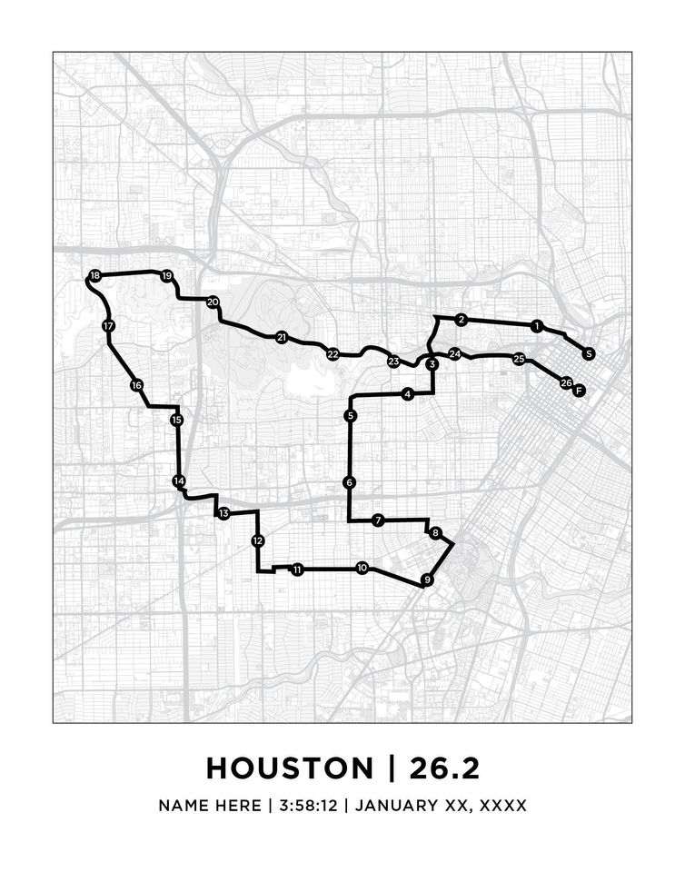 Houston 26.2 Course Marathoner Map Print | Personalized Houston Course | Houston Print | Houston Map