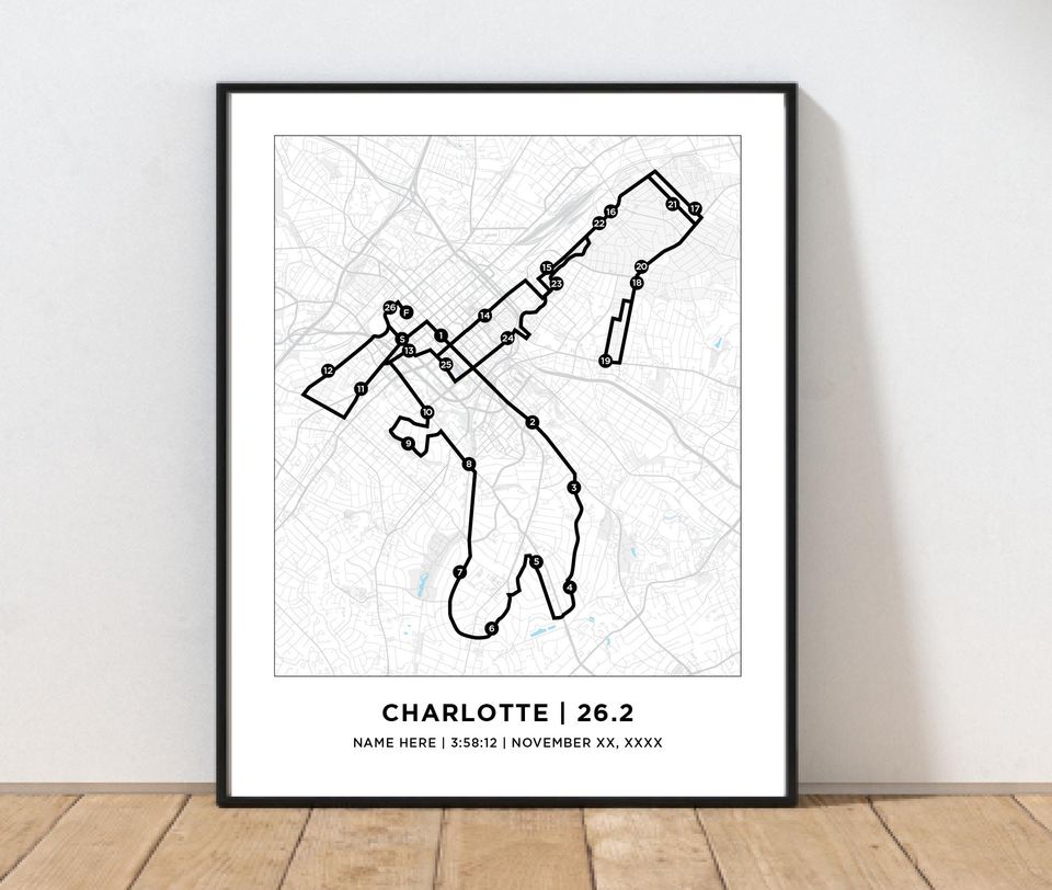 Charlotte 26.2 Course Map | Personalized Charlotte Route Map | Gift for Runners | 26.2 Map