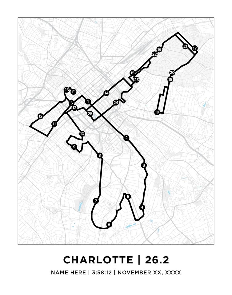 Charlotte 26.2 Course Map | Personalized Charlotte Route Map | Gift for Runners | 26.2 Map