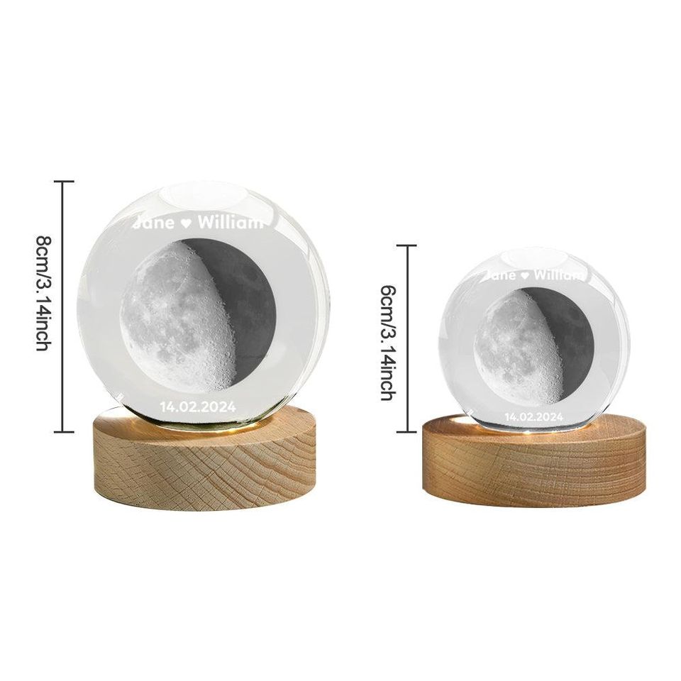2D Moon Phase Crystal Ball with Wooden Stand - Lunar Night Light