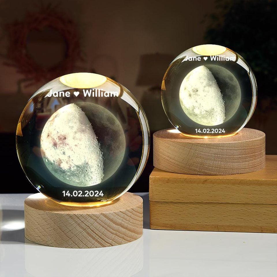 2D Moon Phase Crystal Ball with Wooden Stand - Lunar Night Light