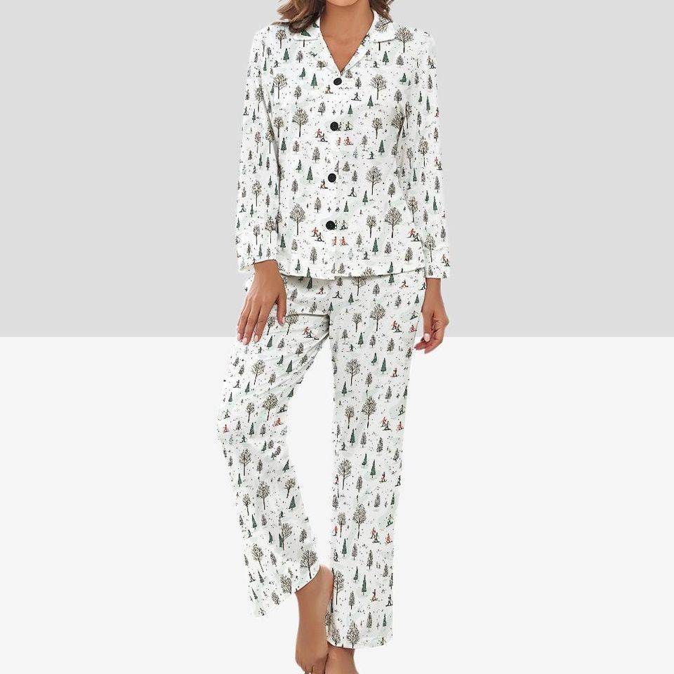 Women's Ski Pajamas - Cozy Winter Sleepwear with Skiing Pattern, Button-Up V-Neck, Pockets, Soft Polyester Lounge Set