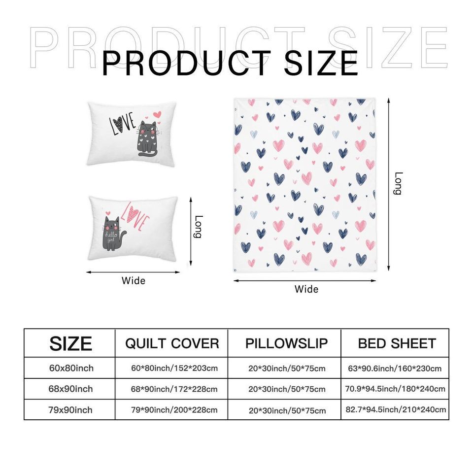 Pastel Heart Comforter Set, Valentine’s Day Bedding with Cat Love Design for Couples
