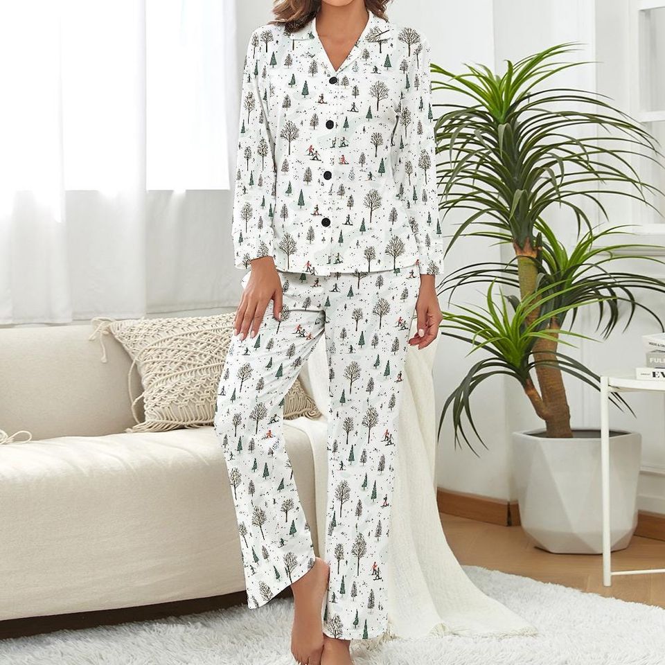 Women's Ski Pajamas - Cozy Winter Sleepwear with Skiing Pattern, Button-Up V-Neck, Pockets, Soft Polyester Lounge Set
