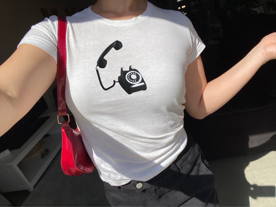Vintage Telephone Tee, Trendy Y2K Baby Tee, 90s Baby Tee, Vintage Tee, Aesthetic Retro Tee, 90s Grunge Tee