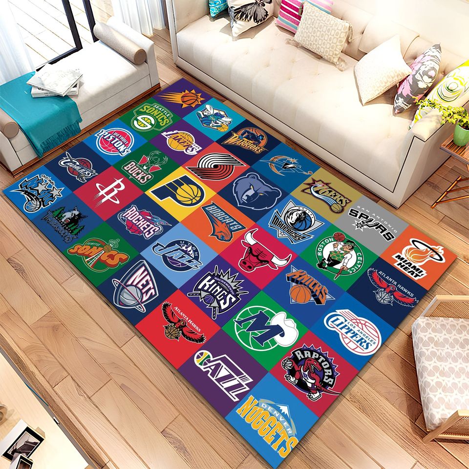 Basketball Team Logo Rug: Non-Slip Sports Floor Mat