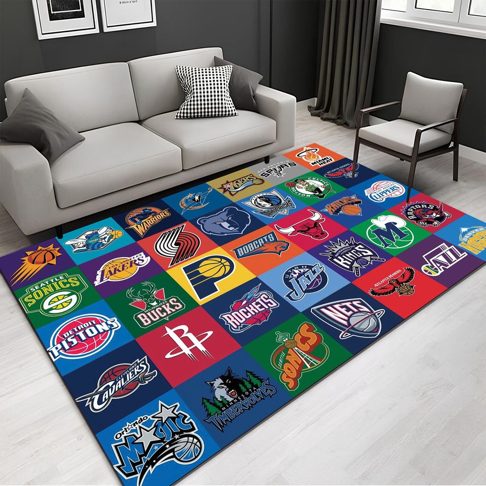Basketball Team Logo Rug: Non-Slip Sports Floor Mat