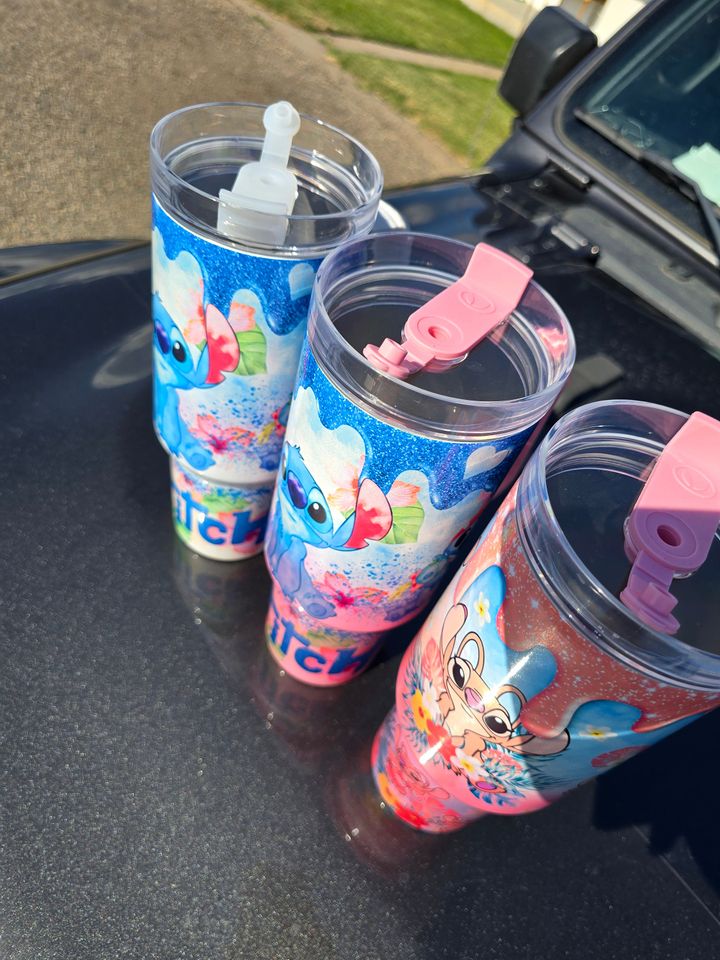 Stitch Cartoon 40oz Tumbler - Shimmer Glitter cup mug- Stitch or Angle gift for her