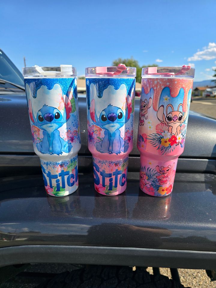 Stitch Cartoon 40oz Tumbler - Shimmer Glitter cup mug- Stitch or Angle gift for her