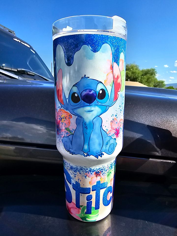 Stitch Cartoon 40oz Tumbler - Shimmer Glitter cup mug- Stitch or Angle gift for her