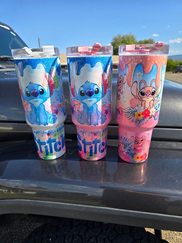 Stitch Cartoon 40oz Tumbler - Shimmer Glitter cup mug- Stitch or Angle gift for her