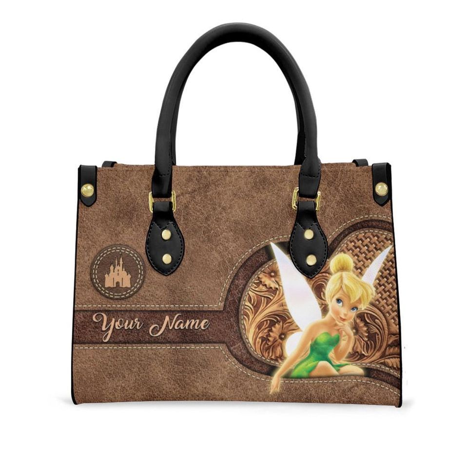Personalized Name Tinker Bell Disney Cartoon Leather Handbag, Tinker Bell Lover's Handbag, Custom Leather Bag
