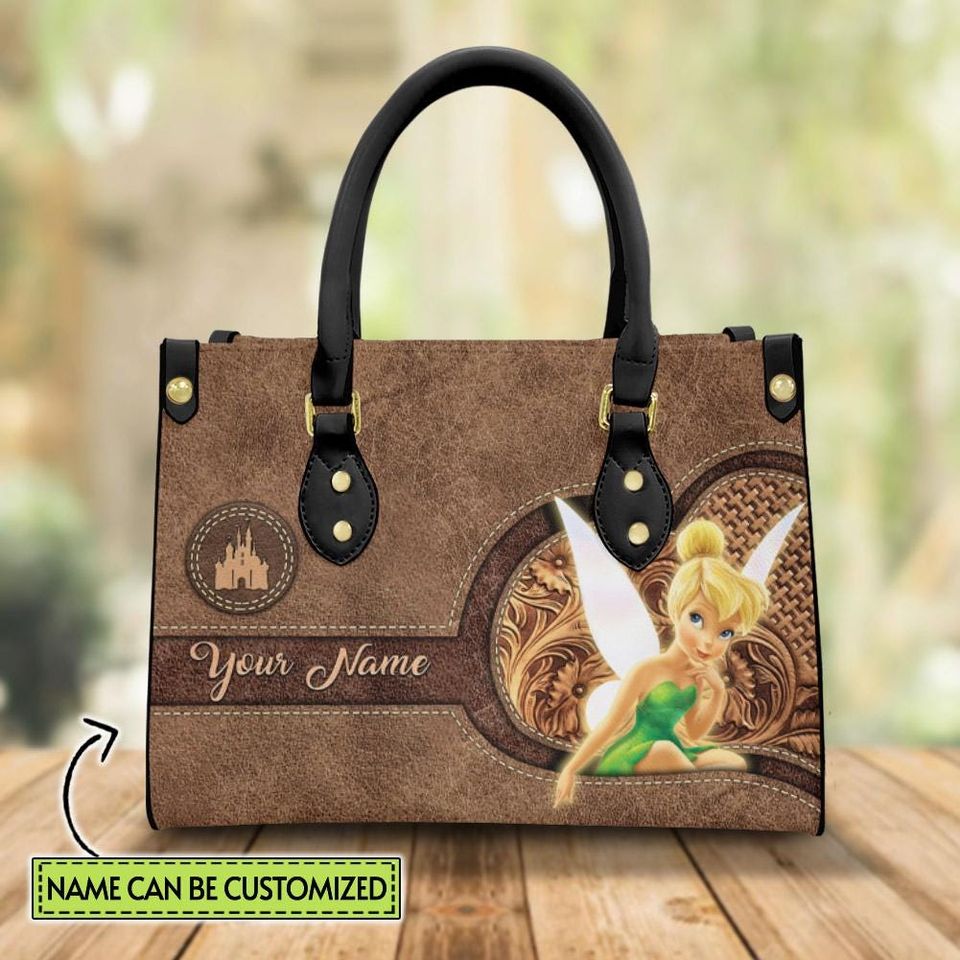 Personalized Name Tinker Bell Disney Cartoon Leather Handbag, Tinker Bell Lover's Handbag, Custom Leather Bag