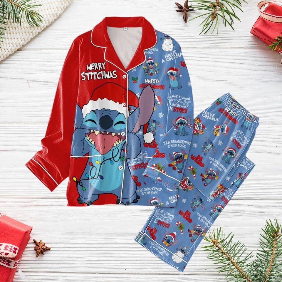 Disney Stitch Christmas Pajamas, Merry Stitchmas Holiday Pajamas, Stitch Santa Claus Women Pajamas, Cute Stitch Shirt, Gift For Her