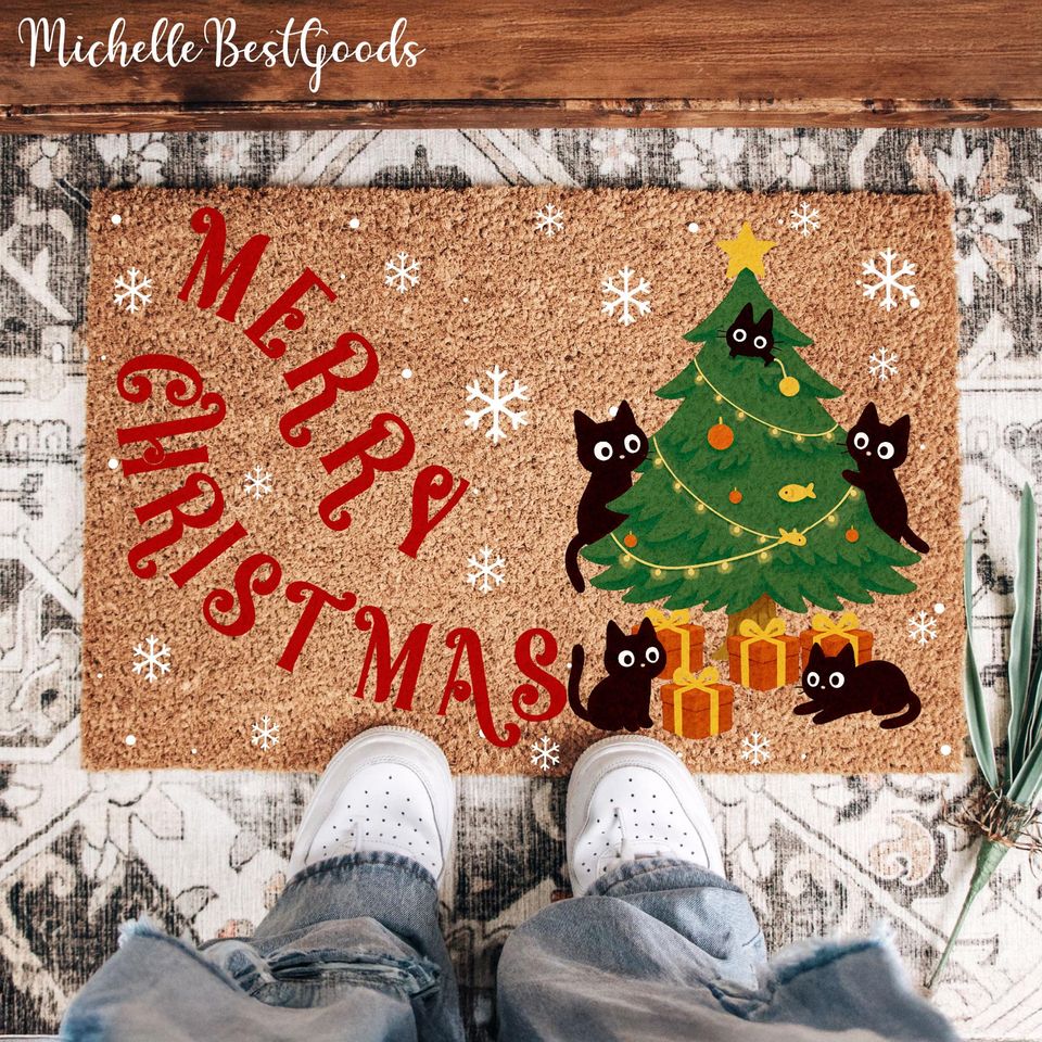 Meowy Christmas Doormat - Christmas Cat Welcome Mat, Holiday Home Decor, Cat Lover Gift