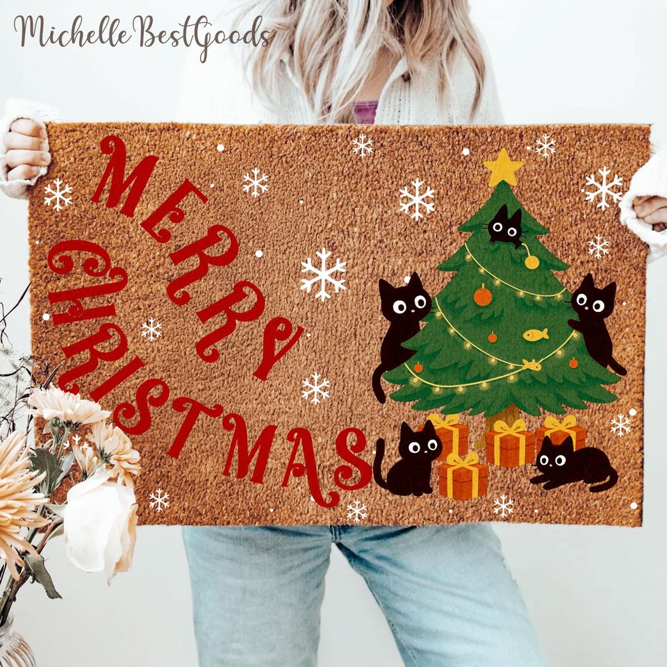 Meowy Christmas Doormat - Christmas Cat Welcome Mat, Holiday Home Decor, Cat Lover Gift