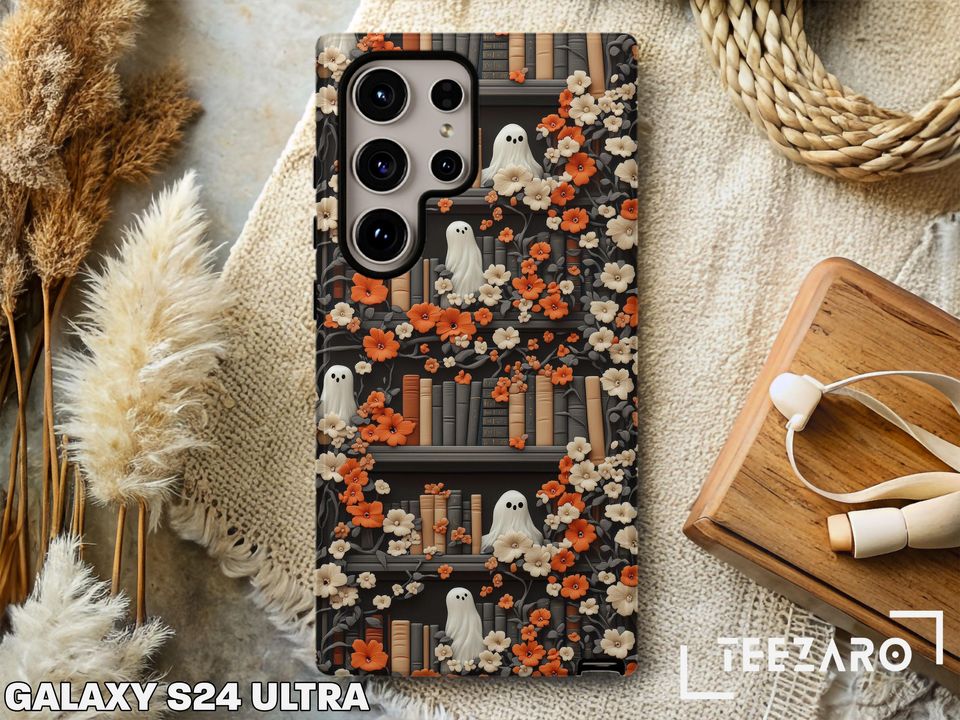 Bookish Ghost Phone Case: Halloween Floral Design, Glossy or Matte