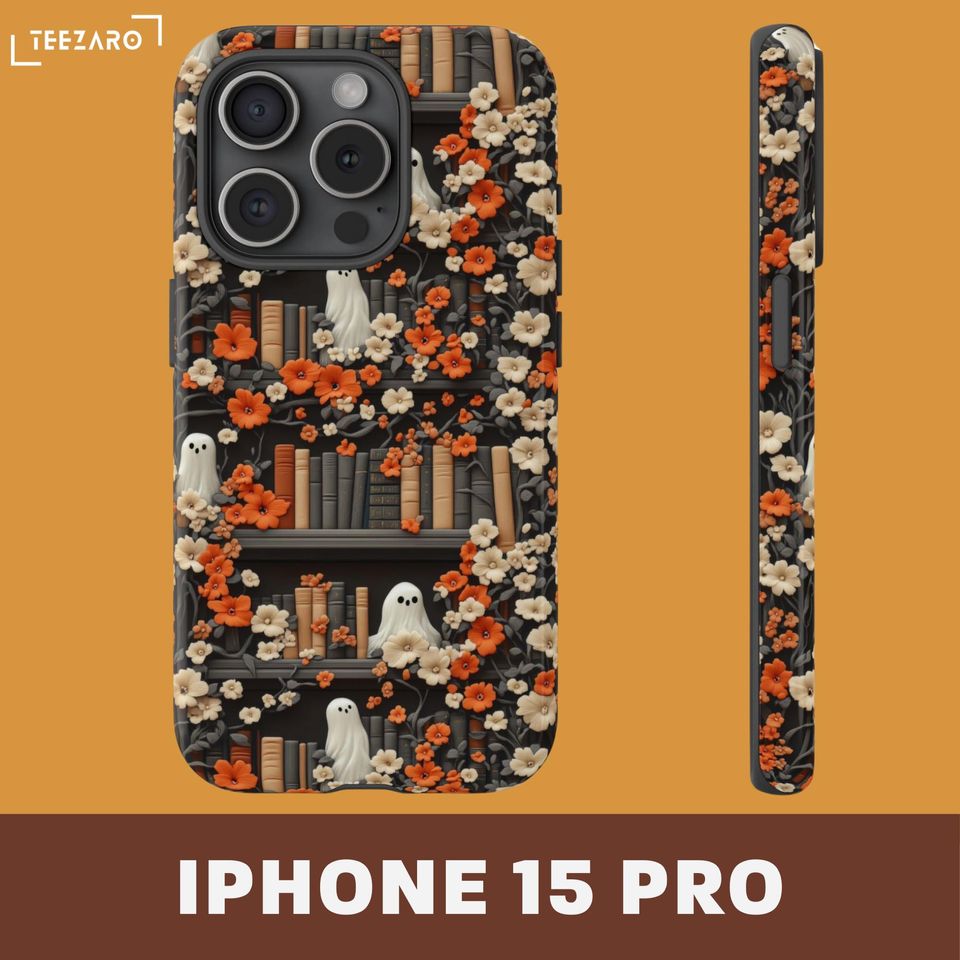 Bookish Ghost Phone Case: Halloween Floral Design, Glossy or Matte