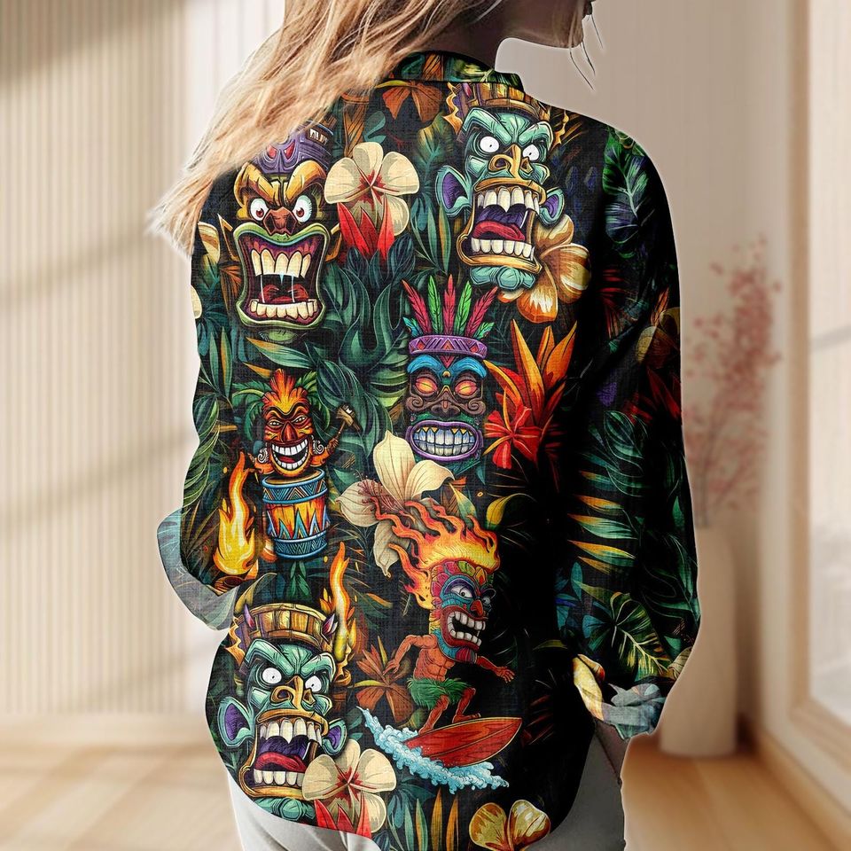 Tiki Mask Shirt, Hawaiian Tribal Party Blouse, Tropical Island Women’s Top