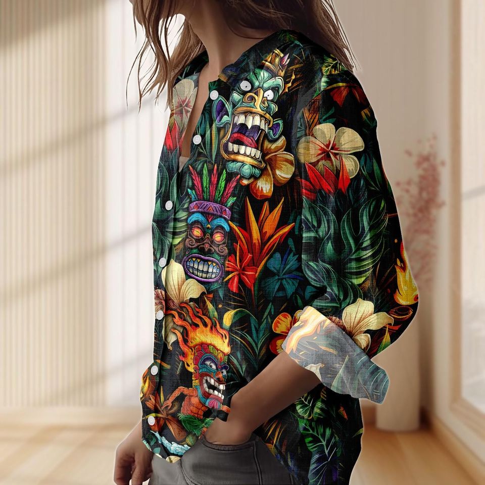Tiki Mask Shirt, Hawaiian Tribal Party Blouse, Tropical Island Women’s Top