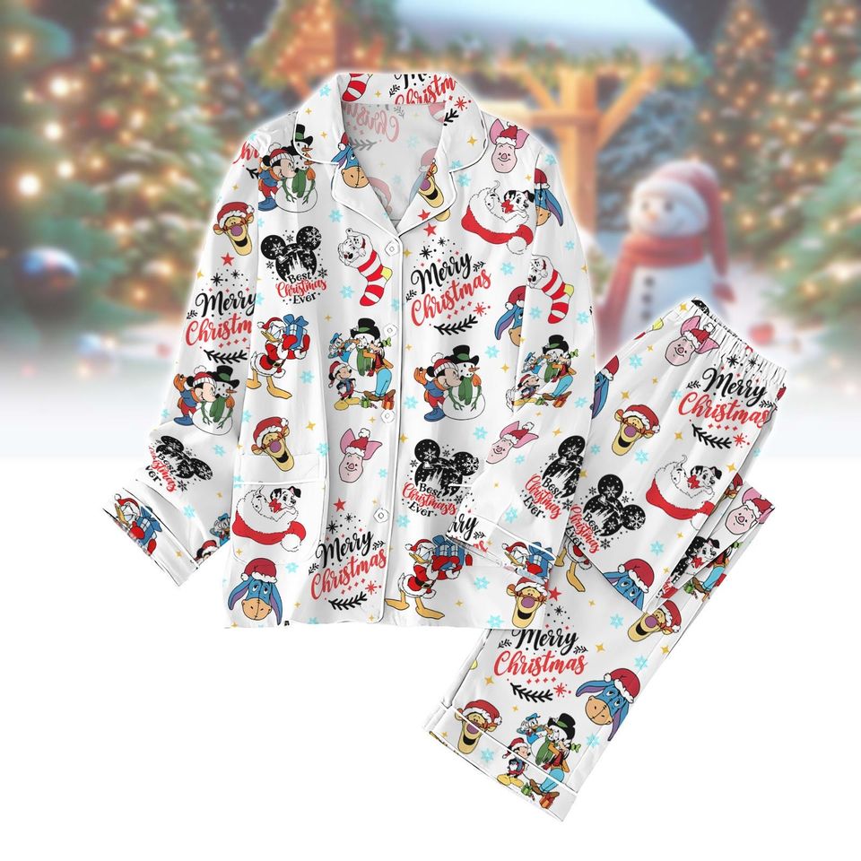 Disney Movie Christmas Pajamas Set, Pooh Piglet Eeyore Mickey Santa Pajamas