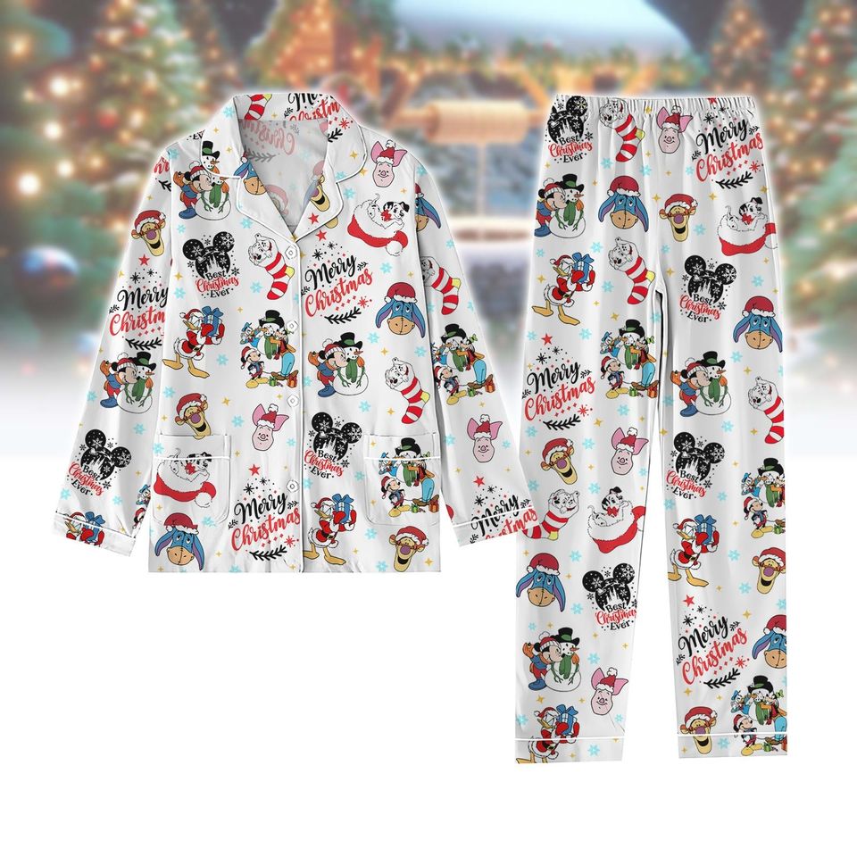 Disney Movie Christmas Pajamas Set, Pooh Piglet Eeyore Mickey Santa Pajamas