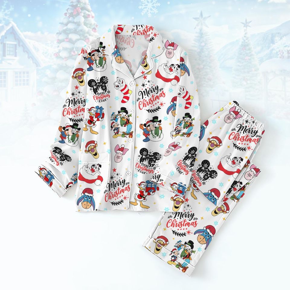 Disney Movie Christmas Pajamas Set, Pooh Piglet Eeyore Mickey Santa Pajamas