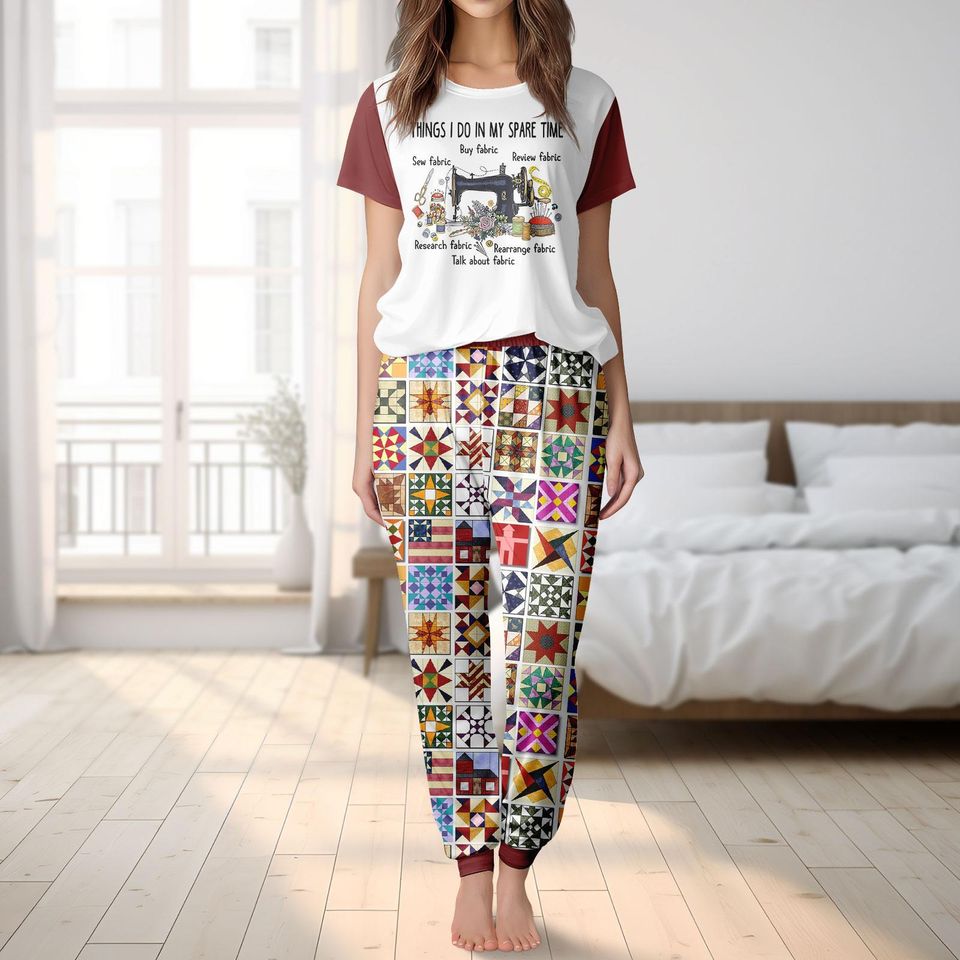 Funny Sewing Lover Shirt Pants Set, Things I Do In My Spare Time Sewing Machine Pajama Set, Sewing Hobby Costume Sleepwear For Women