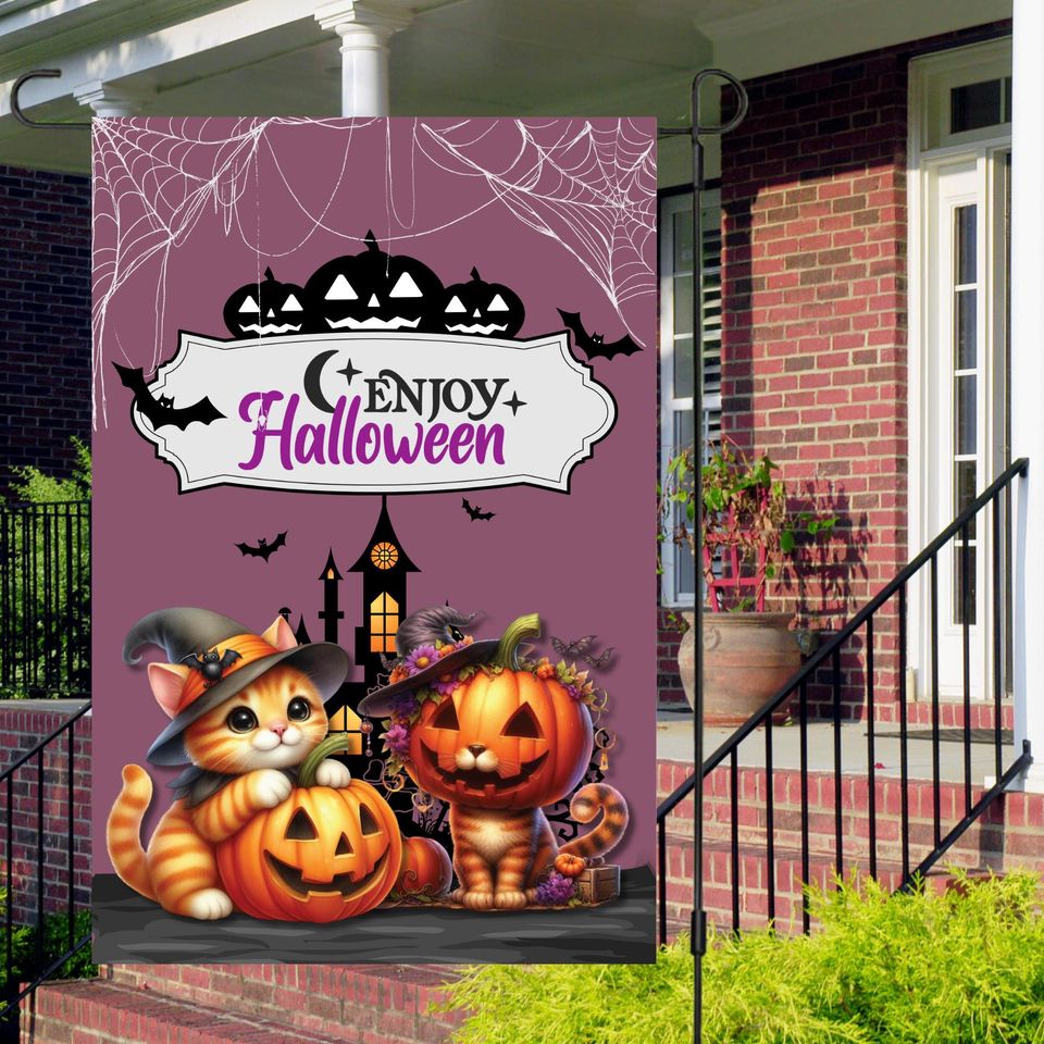 12x18 Garden Flag Design, Enjoy Halloween, Orange Cats