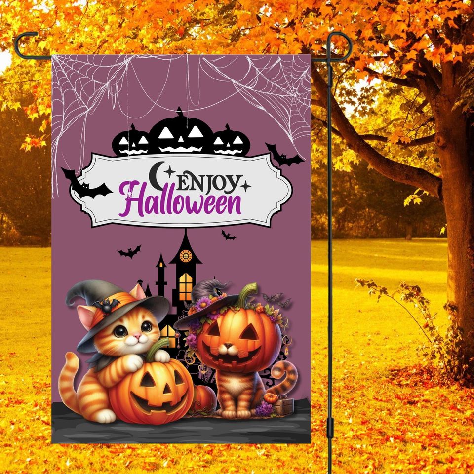 12x18 Garden Flag Design, Enjoy Halloween, Orange Cats