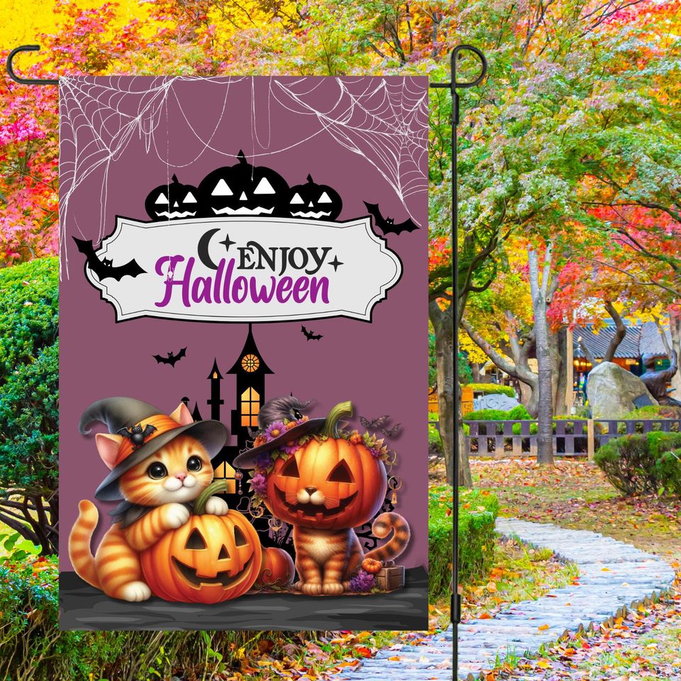 12x18 Garden Flag Design, Enjoy Halloween, Orange Cats