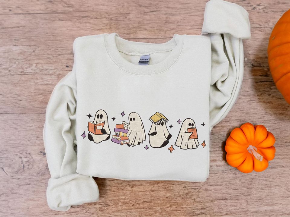 Ghosts Reading Books Embroidered Sweatshirt, Ghost Teacher Shirt