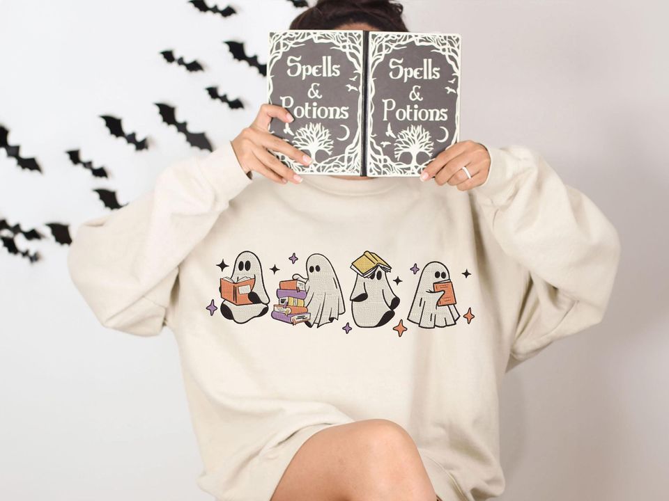Ghosts Reading Books Embroidered Sweatshirt, Ghost Teacher Shirt