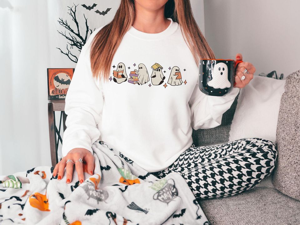 Ghosts Reading Books Embroidered Sweatshirt, Ghost Teacher Shirt