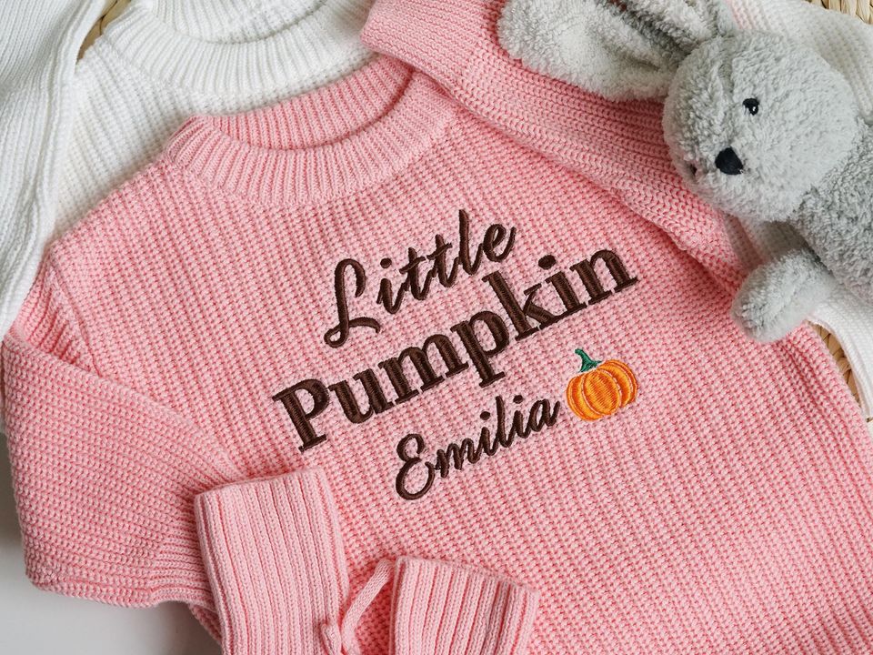 Baby Sweater Romper with Custom Name, Embroidered Little Pumpkin Clothes, Newborn Halloween Present