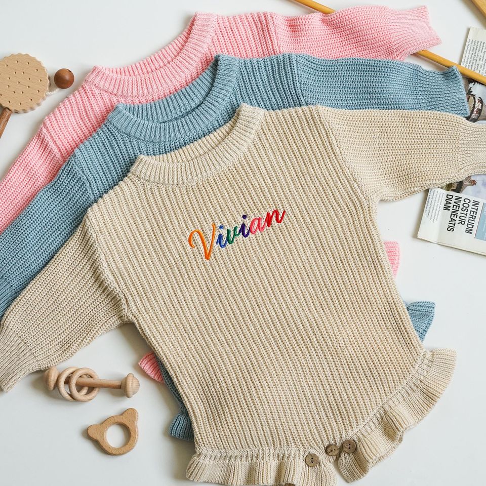 Ruffle Crawl Romper with Personalized Rainbow Name, Embroidered Baby Girl Sweater, Newborn Romper